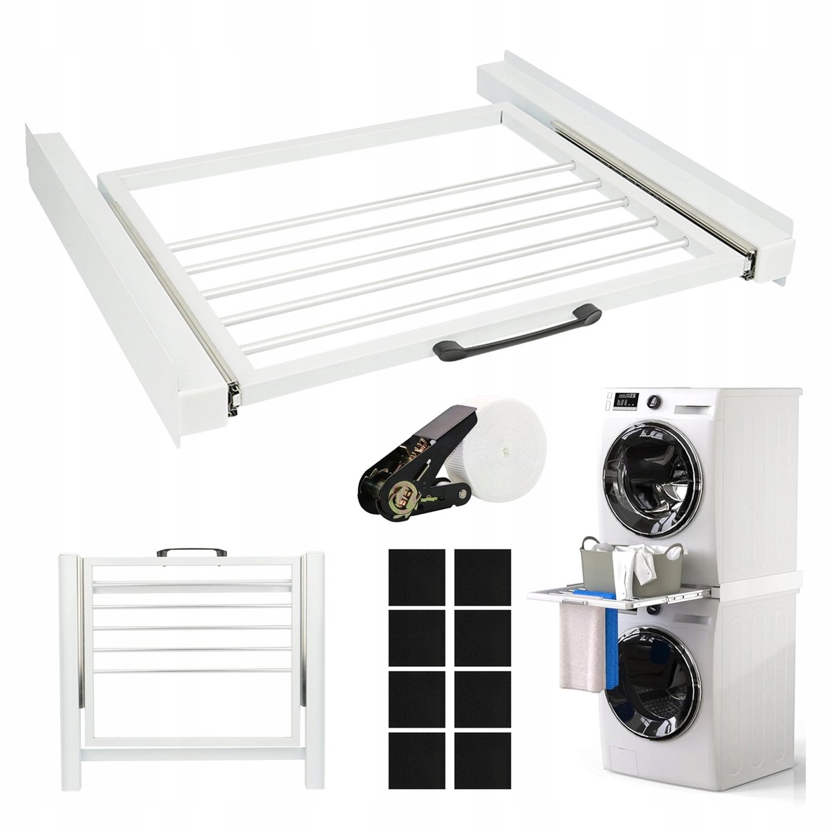 Tussenstuk voor Wasmachine & Droger - Stapelkit Wasmachine en Droger - met Uitschuifbare Plank - 10 kg - 4 Antislip Pads - Universeel - Ruimtebesparend - Stapelkit met Verschuifbaar Handdoekhouder - Voor Kleine Wasruimtes - Wit