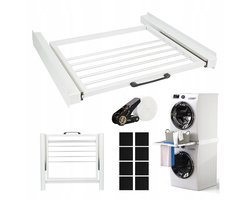 Tussenstuk voor Wasmachine & Droger - Stapelkit Wasmachine en Droger - met Uitschuifbare Plank - 10 kg - 4 Antislip Pads - Universeel - Ruimtebesparend - Stapelkit met Verschuifbaar Handdoekhouder - Voor Kleine Wasruimtes - Wit