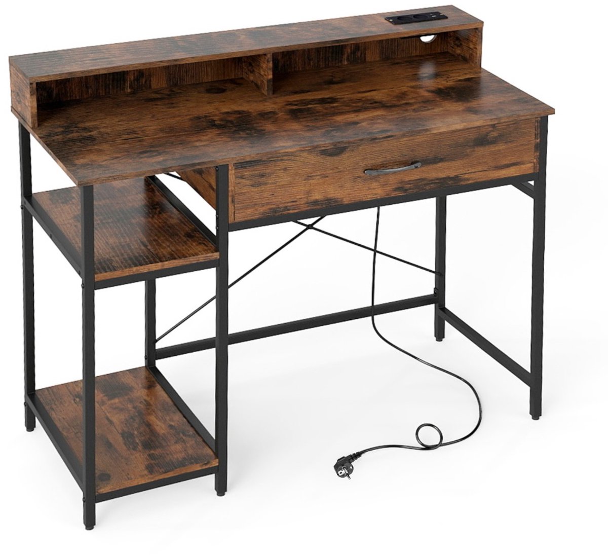 SureDeal® - Bureau - Computerbureau - Stopcontacten - Extra Lade - Twee Open Planken - 106x48x90 cm - Koffiebruin