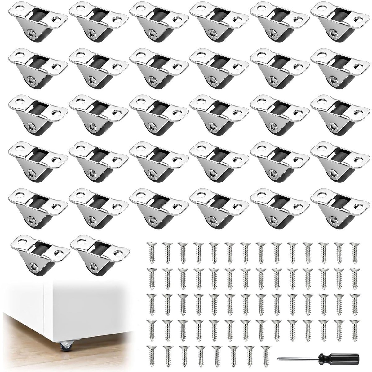 32 stuks mini meubelwielen 1,2 cm voor meubels, kasten en meubels, stille wieltjes met schroeven en stalen bovenplaat