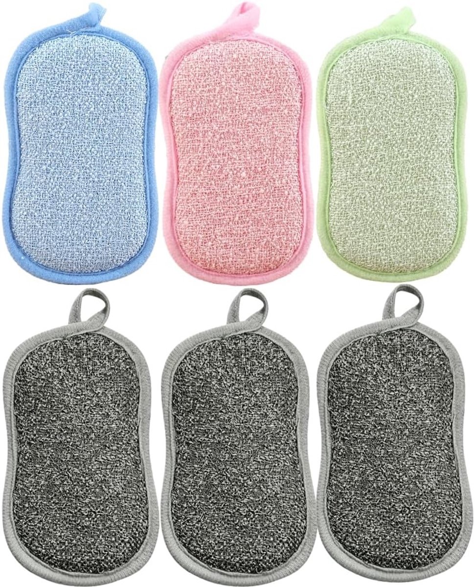 Herbruikbare Keukensponzen Set van 6 - Microvezel, Dubbelzijdig en Ideaal voor Afwas, Pannen en Tafelgerei in Roze, Blauw, Groen en Lichtgrijs