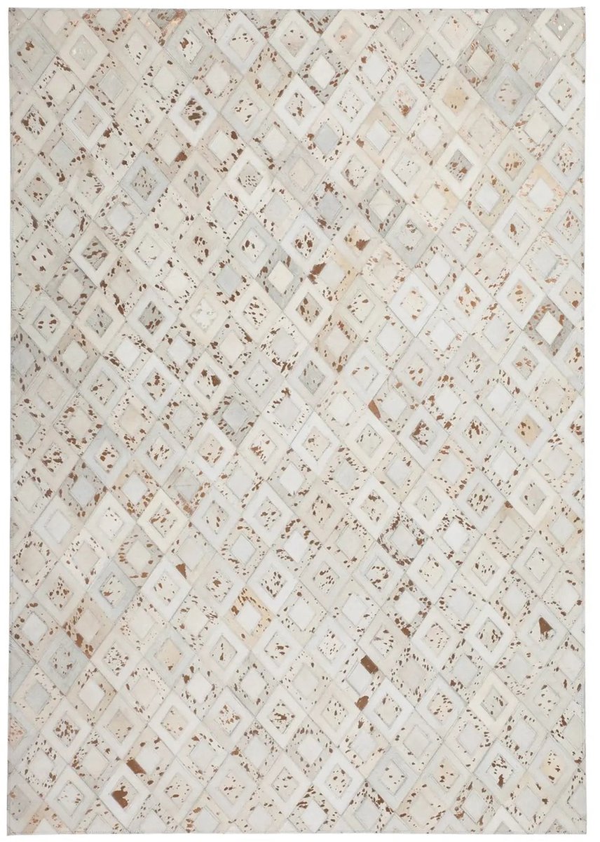 Dutch XXL Leren Vloerkleed | Tapijt | Spark | Ruiten | Crème/Zilver | 80x150 cm