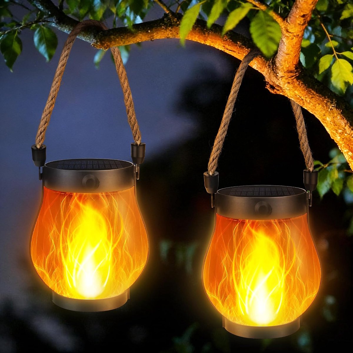 Lantaarn - Solar Buiten Lamps - Dansende Vlam Ledlampen - Warm Wit - Automatisch Aan bij Schemer - Waterdicht - USB-C Oplaadbaar - 2 stuks