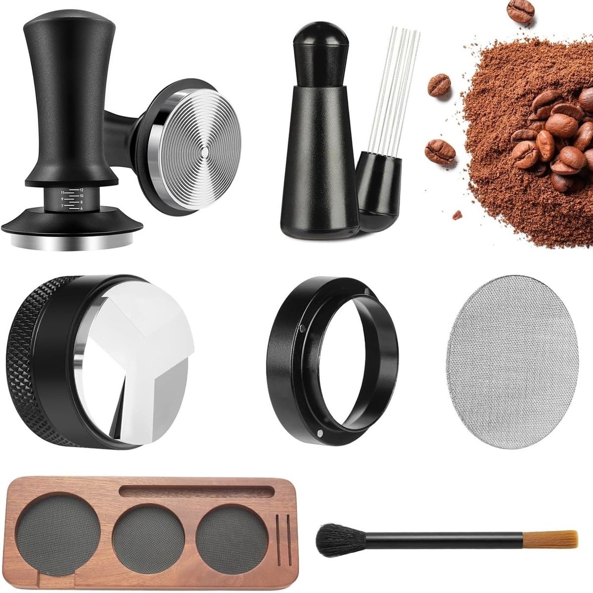 Professionele 7-delige Barista Accessoireset voor Espresso met Tamperstation, Koffiestamper, Distributor en Reinigingsborstel voor Perfecte Koffieervaring
