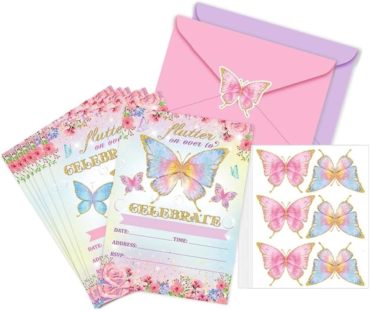 Feestelijke 12-delige Verjaardagsuitnodigingen met Vlinderpatroon voor Kinderen, Perfect voor Verjaardags- en Doopfeesten
