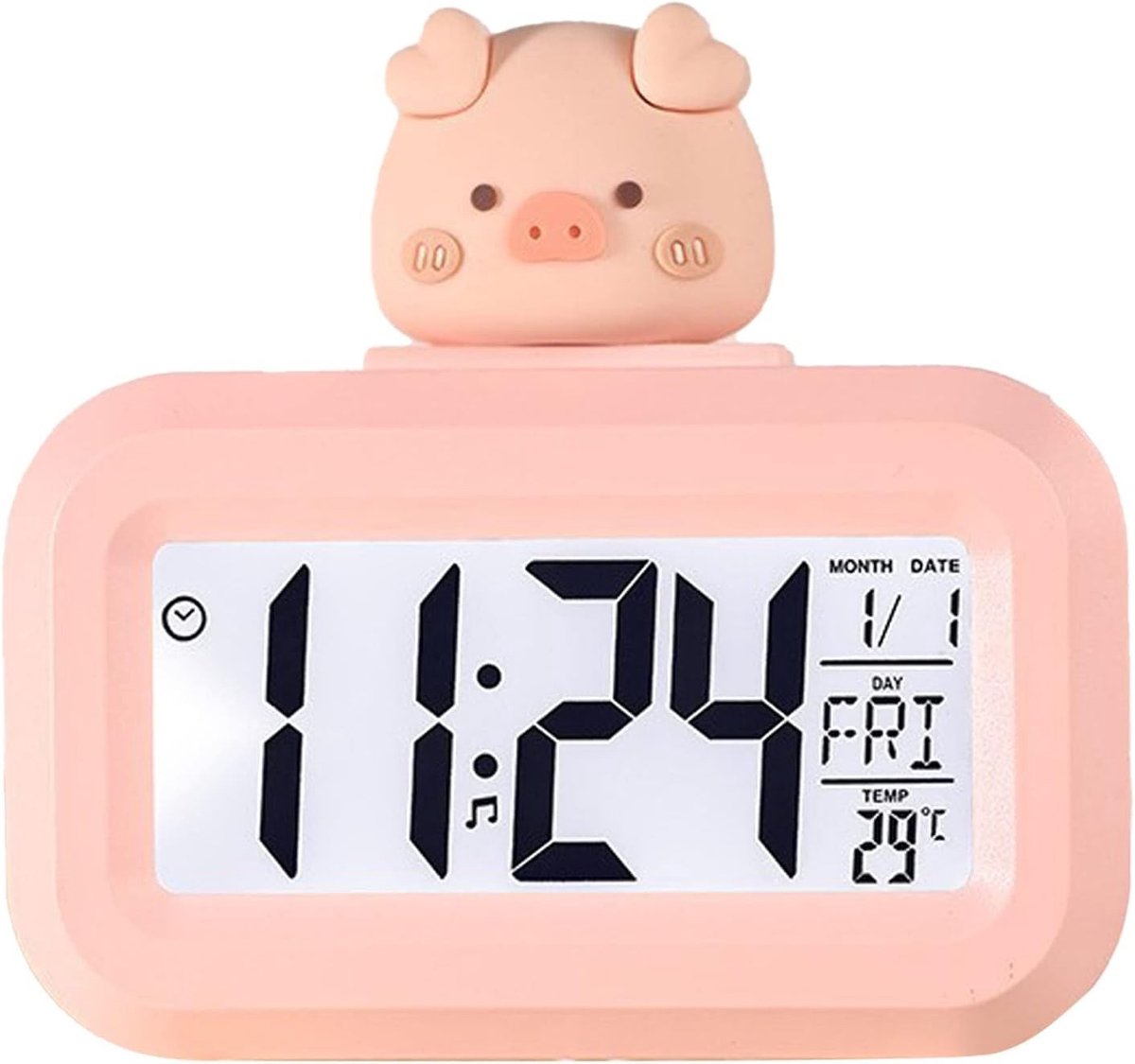 Schattige digitale klok met cartoon ontwerp voor op het bureau - Elektronische datum- en kalenderfunctie in Piggy Pink