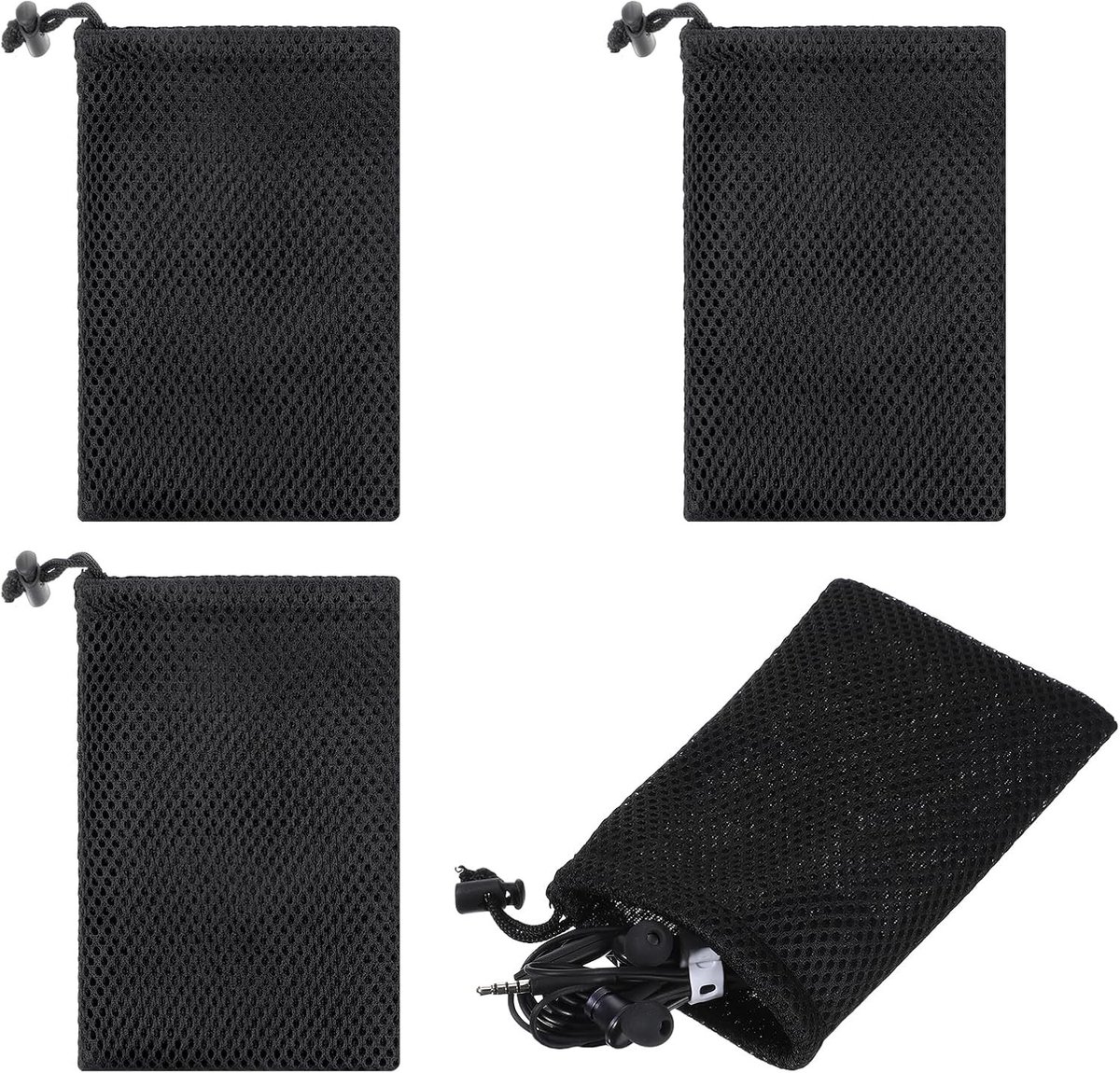4 Stuks Netzakken met Trekkoord - 10 x 15 cm, Dikke Nylon Mesh Tas voor Kleine Spullen, Opbergtas voor Sleutels, Hoofdtelefoon en Opladers (Zwart)