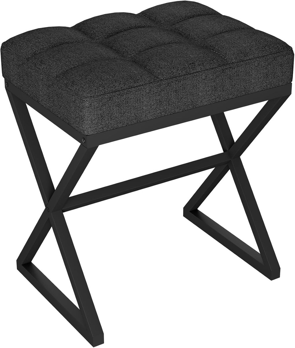 Linnen Poef met Vierkante Vorm en X-Vormige Metalen Poten voor Make-up en Interieur, 40×30×46cm, Zwart, Perfect voor Woonkamer en Slaapkamer