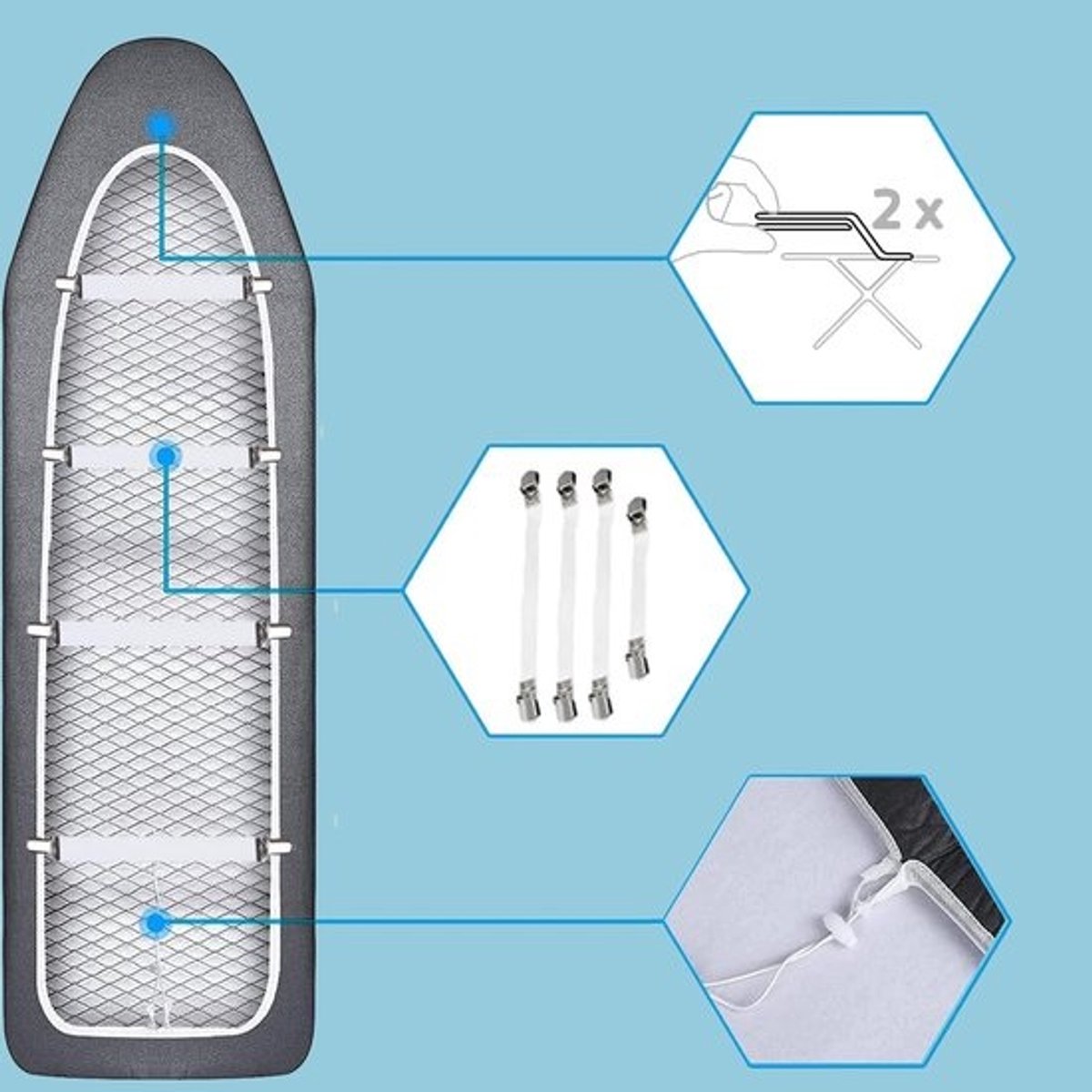 Strijkplankhoes - Strijkplankovertrek - Glad Strijken - Met Trekkoord en Clips - 125 x 45 cm - Grijs