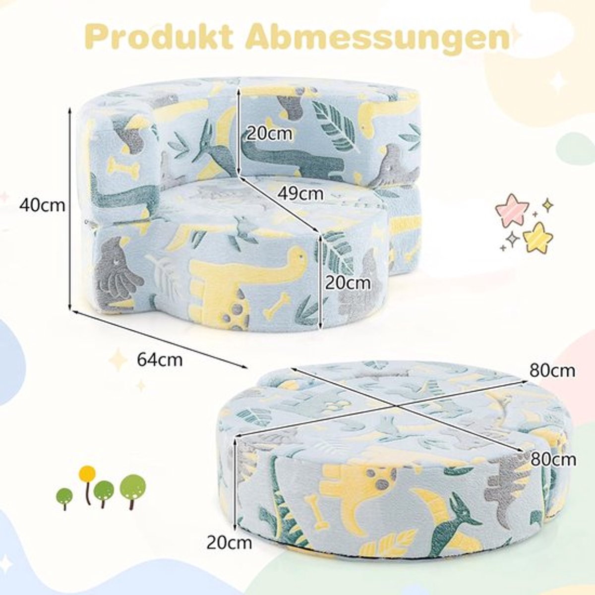 Kinderbank - 2-In-1 Glow In The Dark - Flanel - Grijs - Voor Kinderen Vanaf 3 Jaar
