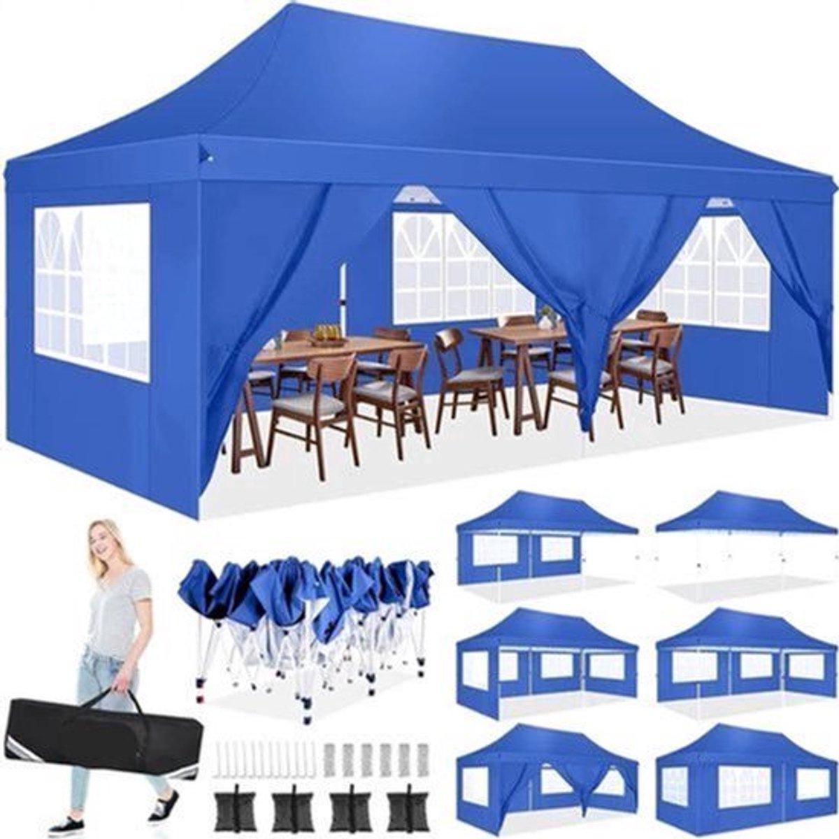 Partytent – Tuinpaviljoen – Feesttent – Inklapbare Tent – Waterdicht Oxford Doek – 3 X 6 Meter – 6 Afneembare Zijwanden - Blauw