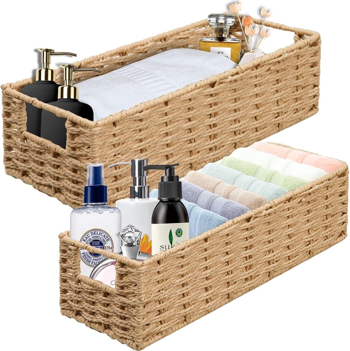 2-Pack Opbergmanden, Organiser Tray voor Badkamer en Keuken, Woven Containers voor Tafel en Wasruimte, Papier Touw