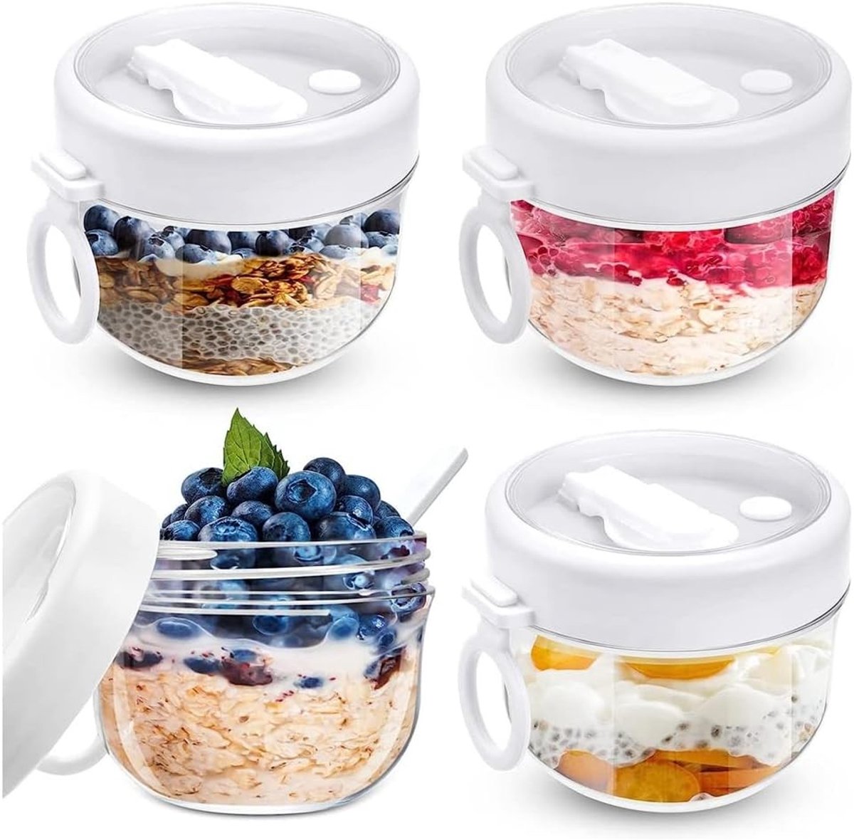 Set van 4 Herbruikbare Overnight Oats Containers met Deksel en Lepels - 600ml Cereal Cups voor Yoghurt, Granola en Havermout