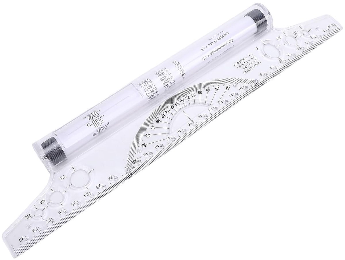Meetlat met Rolmechanisme voor Precisie Tekenwerk, 30 cm, Ideaal voor Ontwerp en Maten, Inclusief Protractor en Booglijn Functie
