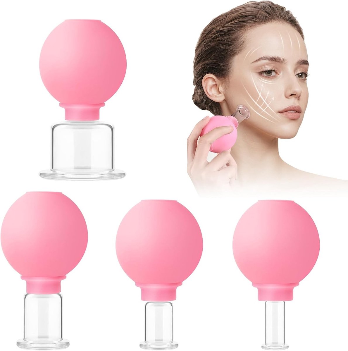 4-delige cupping set van glas met siliconen zuigbal voor vacuüm massage, herbruikbare set voor gezicht en lichaam, ideaal voor ontspanning en pijnverlichting