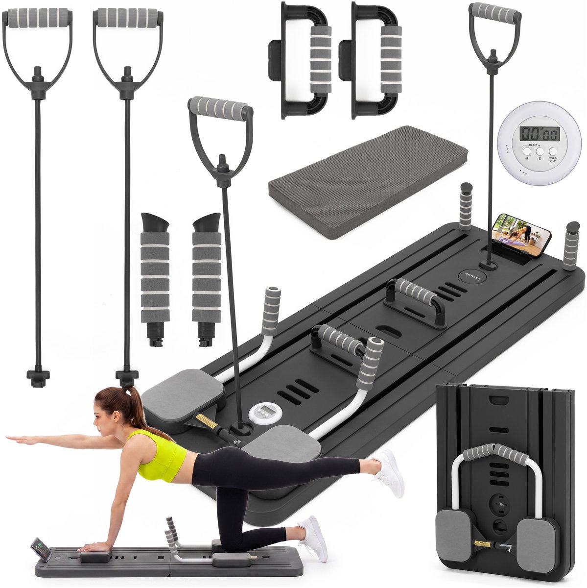 Actiget® Pilates Reformer - Pilates Board - Buikspiertrainer - Fitnesstrainer - Multifunctioneel - Opvouwbaar - Zwart - 150 Kg
