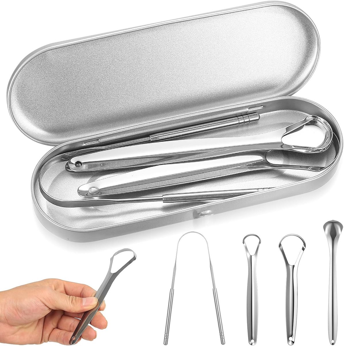 tongschrapers voor volwassenen, 4 stuksTongreinigers, roestvrijstalen tongschraper voor mondhygiëneproducten, tandplaquetverwijderaar, mondverzorgingsset, frisse adem (4 stijlen)