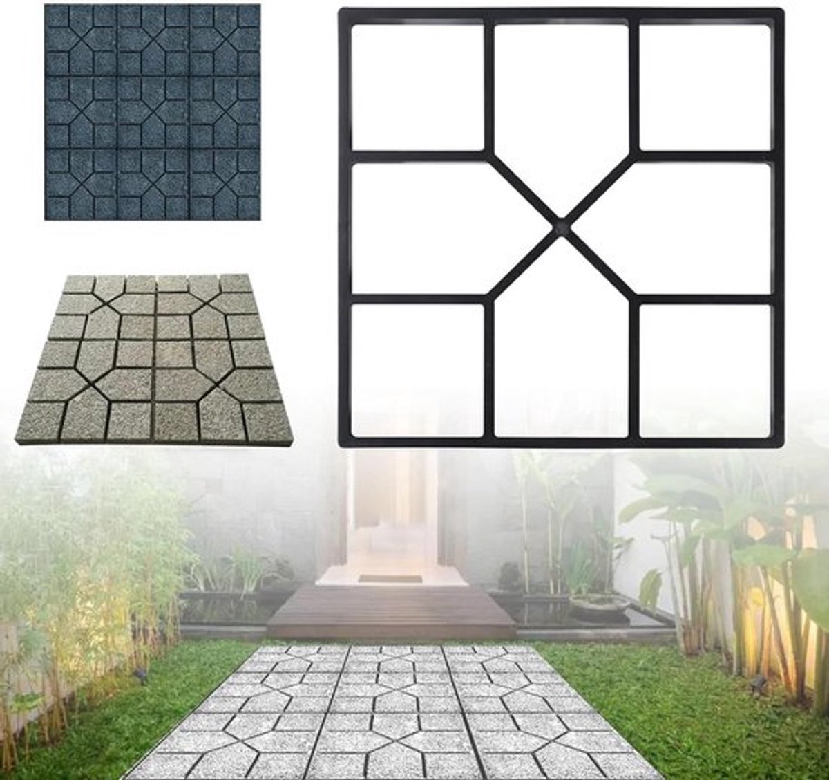 Klei en beton bestrating voor tuin en gazon, duurzaam en herbruikbaar, diverse designs, geschikt voor pad naar huis en huwelijksfeesten.