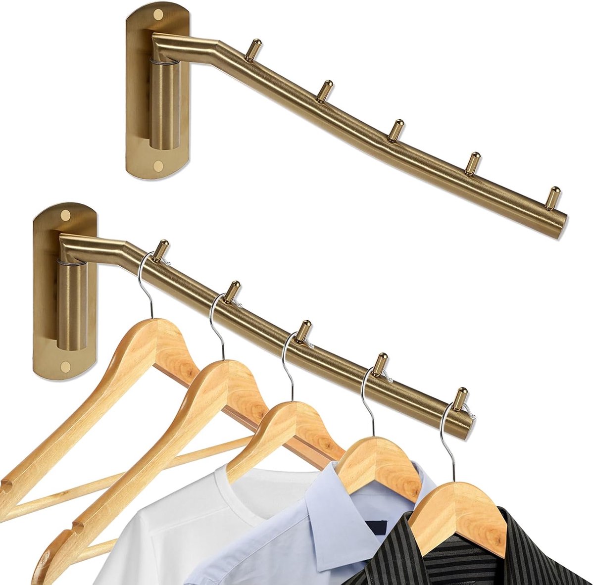 Roestvrij 2 stuks stalen kleerhangers rek-wandmontage kledinghaak met zwaagarm, stevige mantel gewaad opslag organizer voor wasruimte slaapkamers kleding droogrek met 5 haken, goud