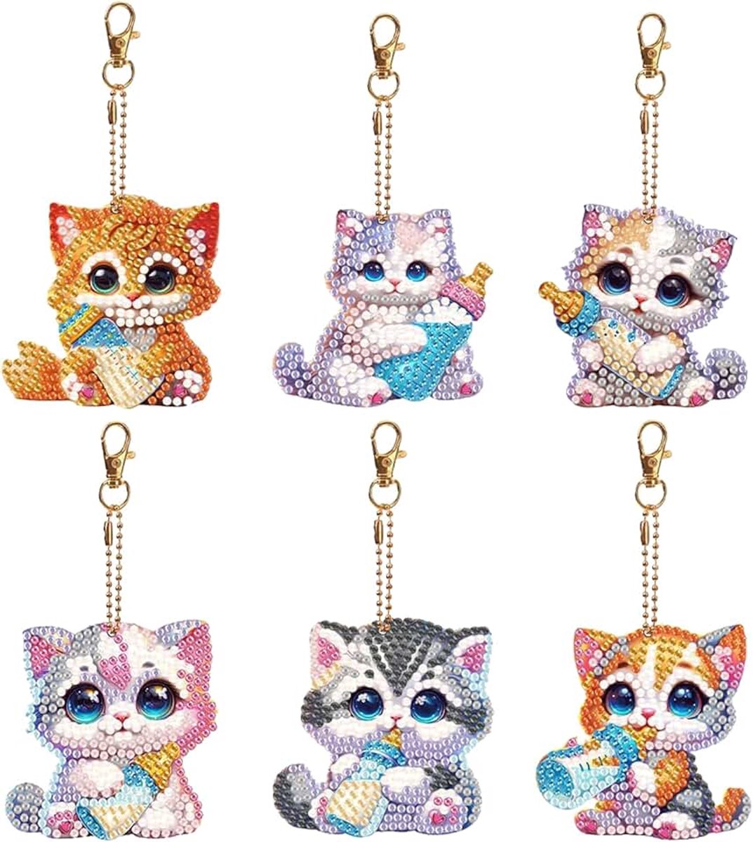 6 stuks kat diamant kunst schilderij sleutelhangers 5D DIY dubbelzijdig dier mozaïek diamant sleutelhanger hanger fles kat diamant strass schilderij sleutelhanger decoraties voor handtas portemonnee