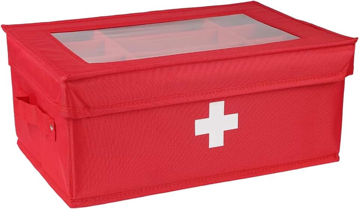 Huisapotheekdoos met vakken en handvat, medicijnbox van stof met deksel en uitneembare scheidingswanden, praktische medicijnorganizer voor thuis, auto, reizen en kantoor
