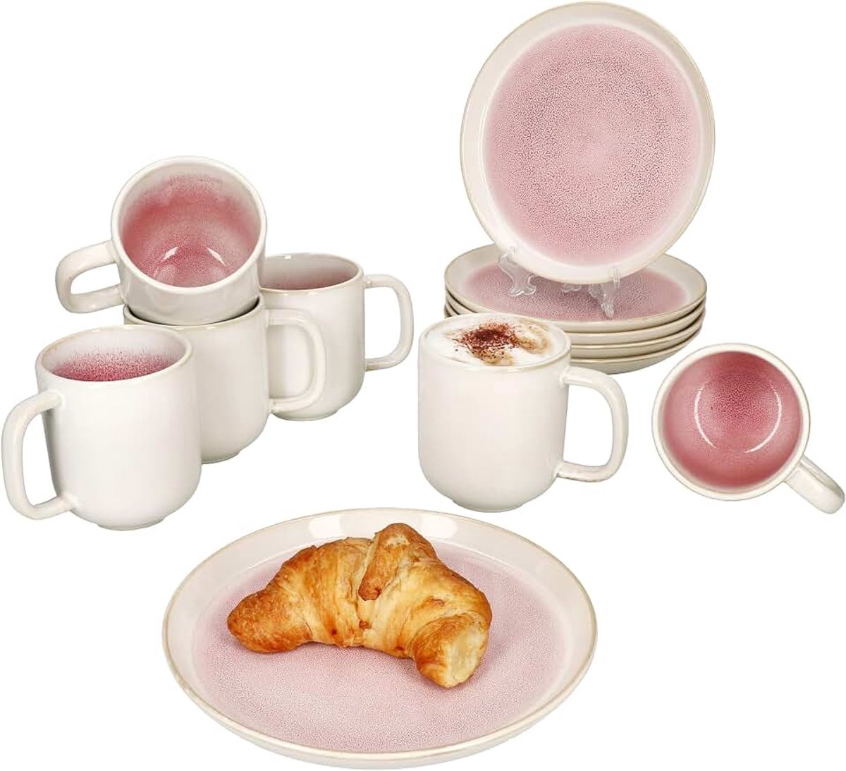 Reactive Glaze Paris 12-delige ontbijtset, crème & roze, voor 6 personen, aardewerk servies voor ontbijt- en koffietijd, 6 x borden en bekers 350 ml