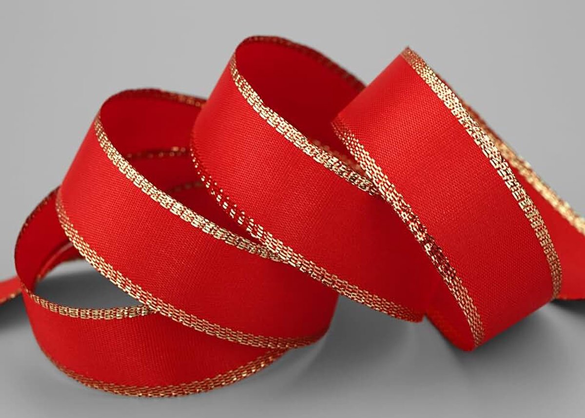 50 m x 25 mm taftlint met gouden rand rood goud zonder draad taft decoratielint kerstcadeaulint versieren winter lurex glans stoffen lint metallic