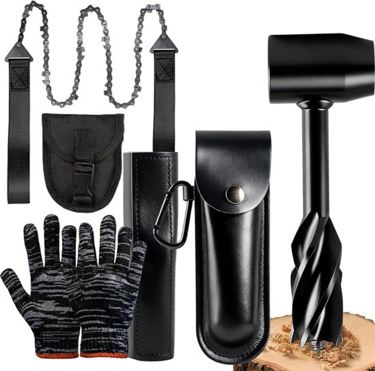 Handboor voor Hout met Leren Hoes - Outdoor Boor voor Survival, Kamperen en Bushcraft met Handzaag en Werkhandschoenen