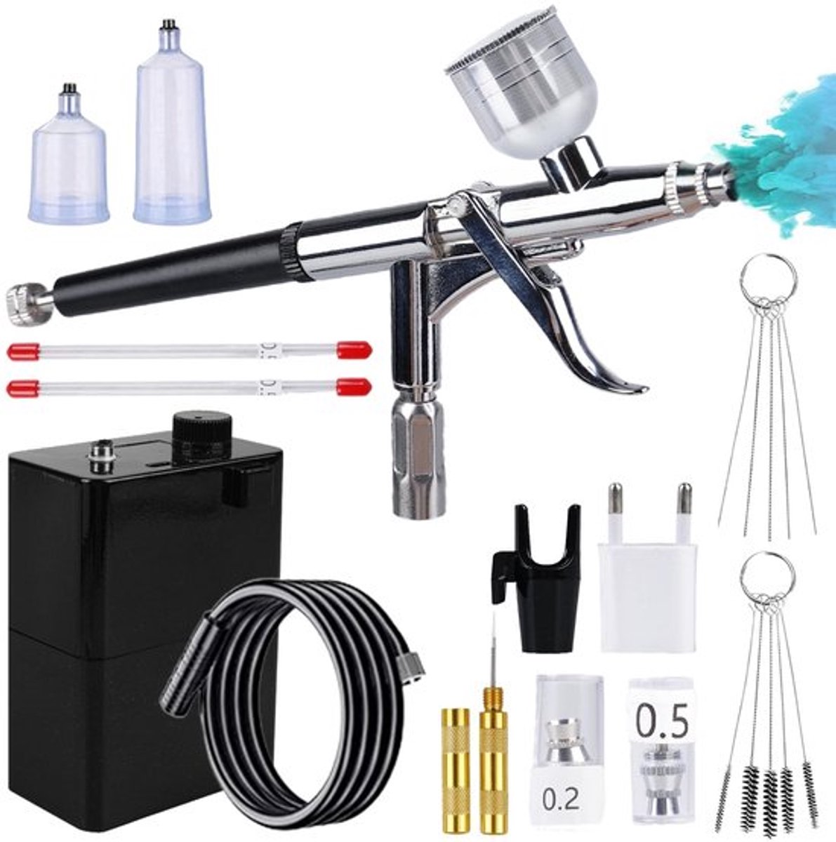- Draagbare Airbrush Set - Professionele Airbrush voor Make-up en Taartdecoratie - Inclusief Compressor - Geschikt voor Modelbouw - Compa
