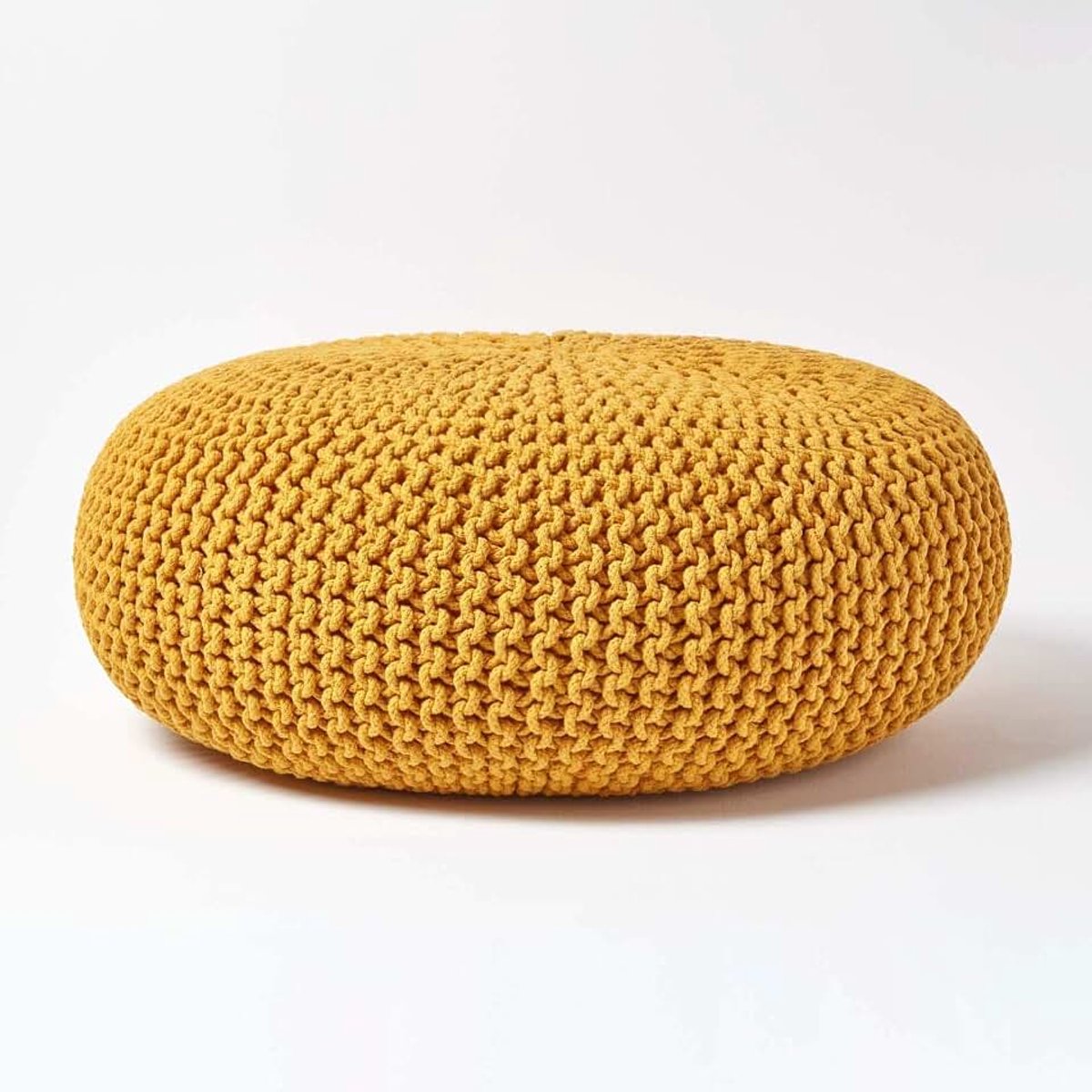 Zitzak, rond, gevlochten, katoen, grote poef, gebreid, kleur mosterdgeel, 70 x 23 cm