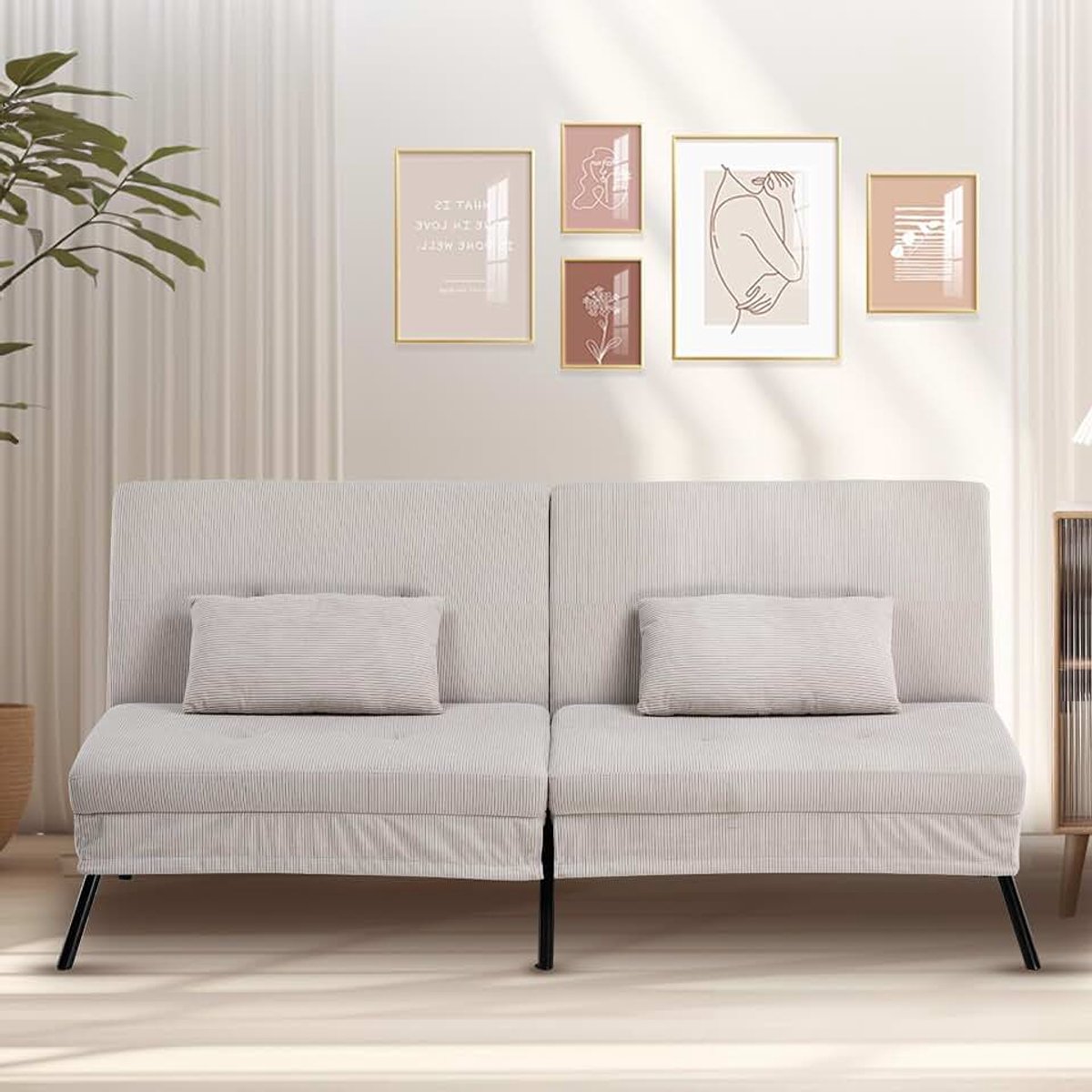 Slaapbank, omvormbaar, futonhoes, hoekbank, 3-zits logeerbank, met verstelbare rugleuning, in corduroy, beige