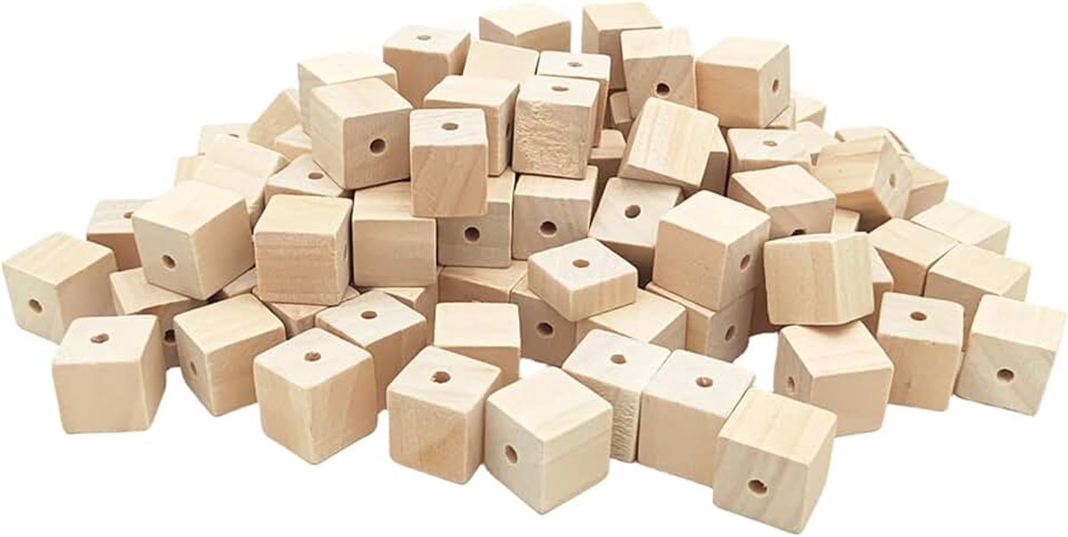 Kubussen met gaten, 2 cm/100 stuks, onafgewerkte vierkante houten kralen, natuurlijke lege houten kubussen voor doe-het-zelf handwerk