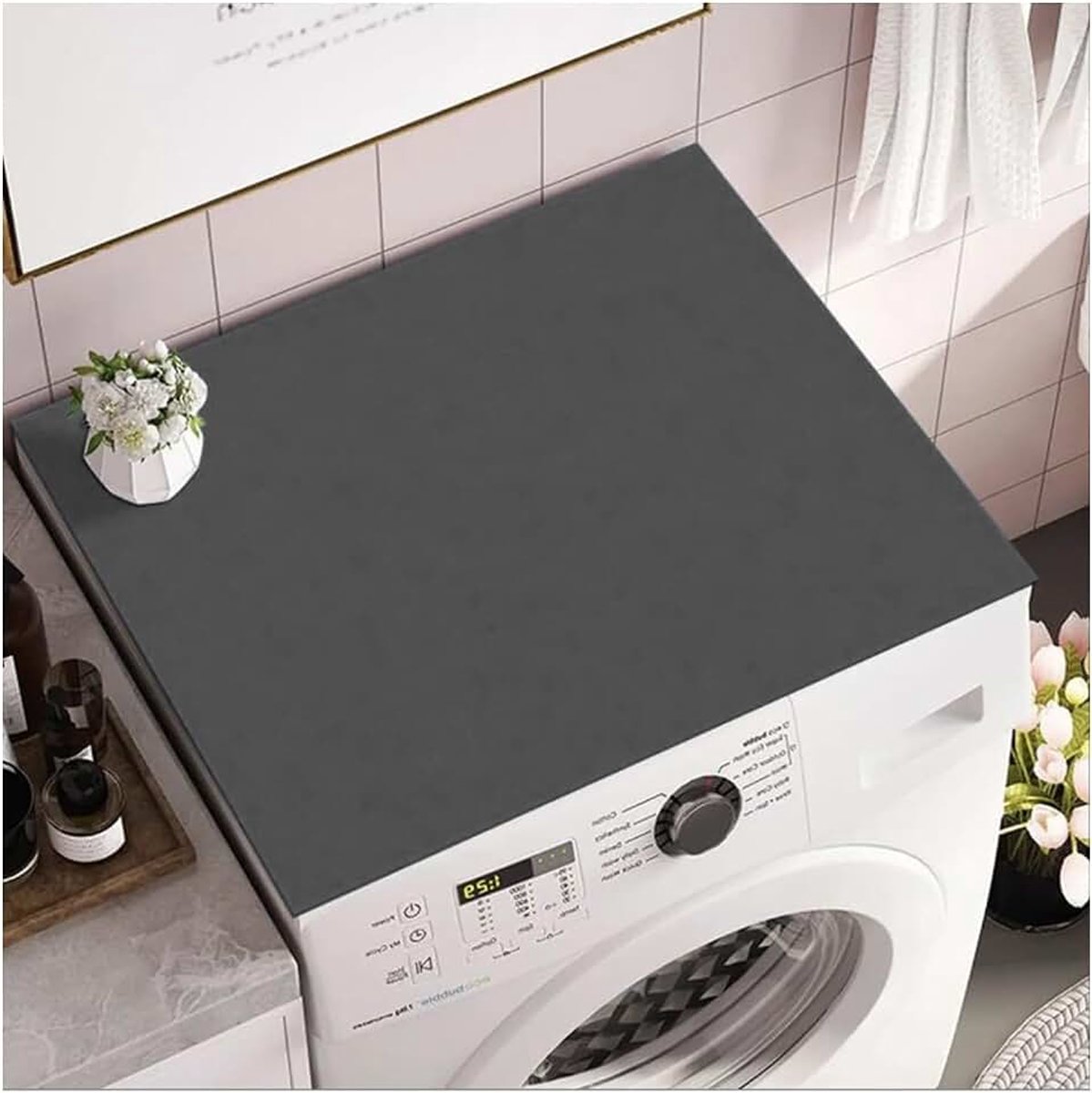 Wasmachinemat, 60 x 60 cm, wasmachinehoes, stofbescherming, wasmachineafdekking, antislip, universele wasmachine-onderlegger (donkergrijs)