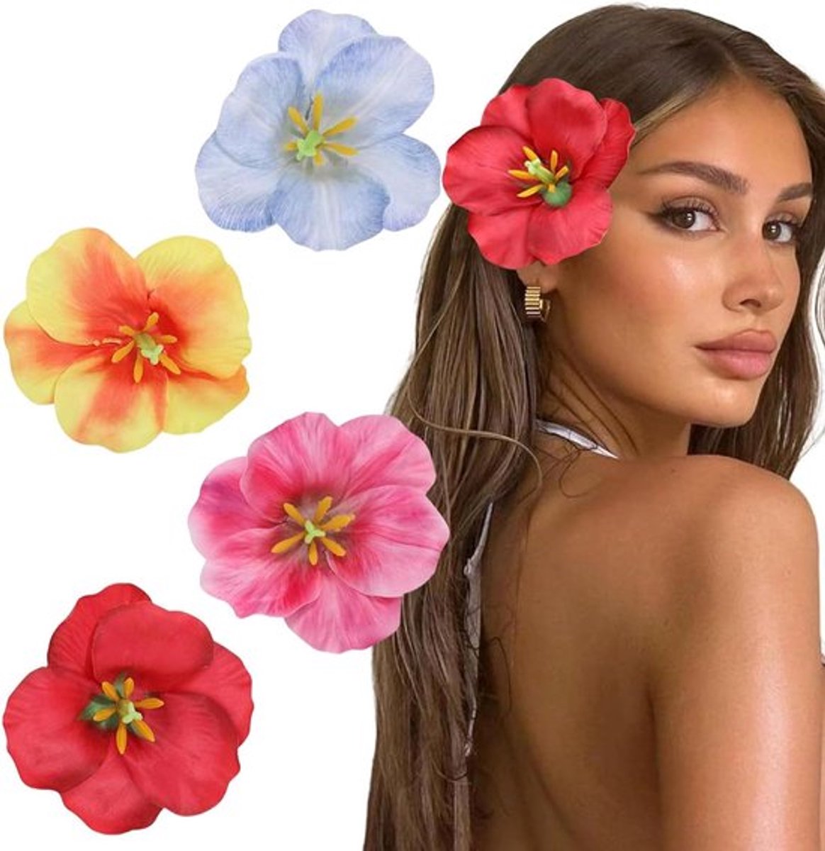 Hawaii bloemen haaraccessoires voor vrouwen - 4 stuks - zomerse haarclips - vakantie en strandfeest - kunstbloemen - Hibiscus en Plumeria design
