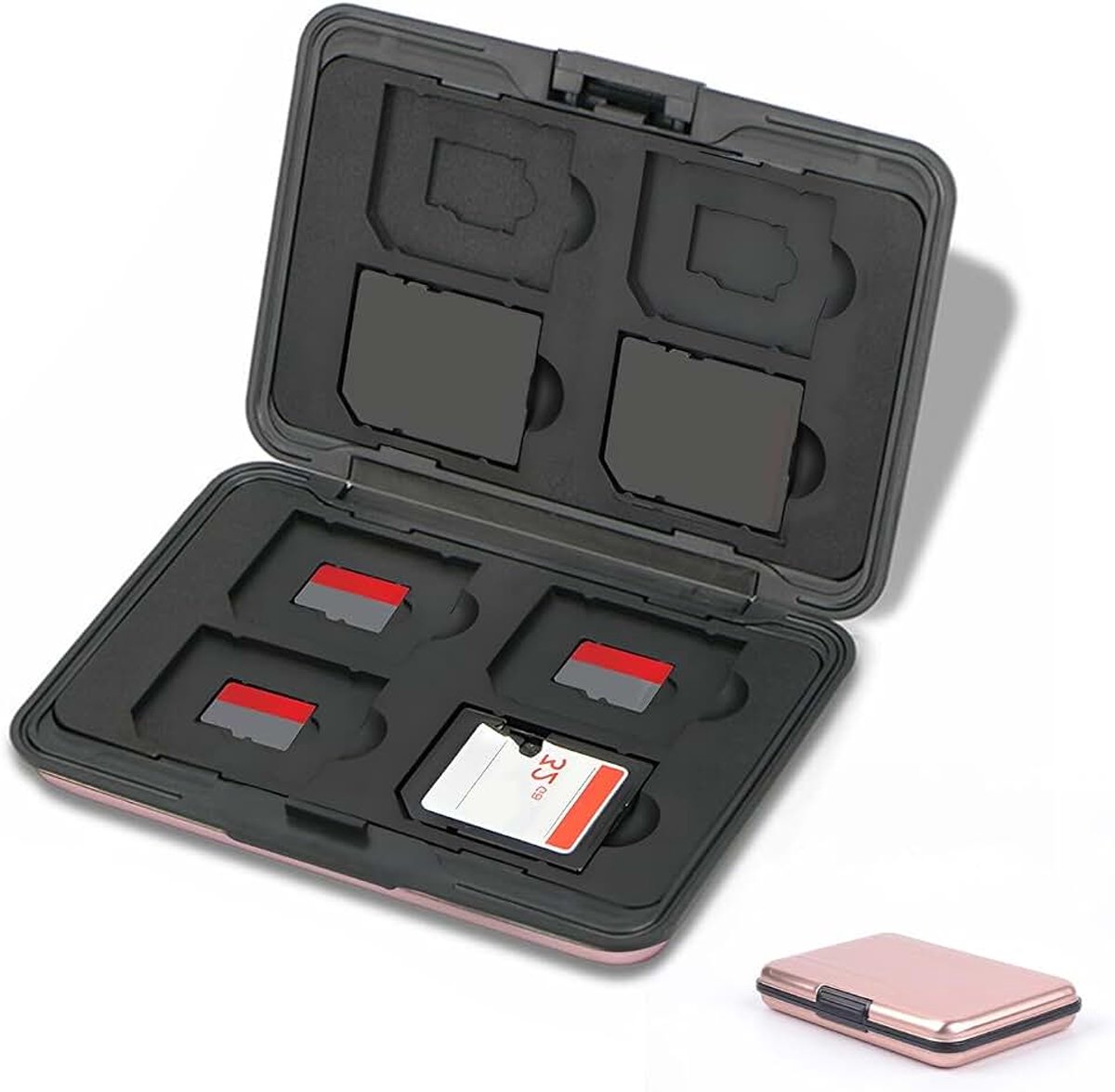 16 slots geheugenkaarthoes, voor 8 Micro SD SDXC SDHC + 8 SD SDXC SDHC, waterdicht schokbestendig (roze)