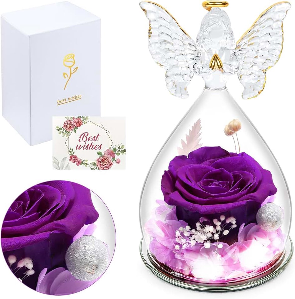 Eeuwige koepelvormige roos met engel, roos, cadeau voor vrouw, vriendin, moeder, verjaardag, Kerstmis, Moederdag en Valentijnsdag