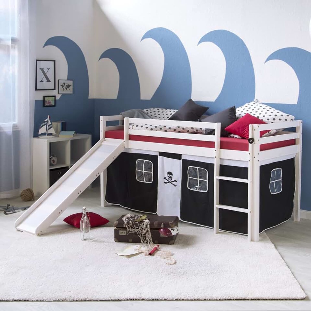 Hoogslaper voor kinderen, 90 x 200 cm, wit, met glijbaan, massief grenenhout, gordijn, zwart, zonder lattenbodem