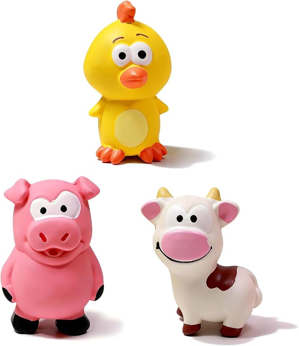Piepend hondenspeelgoed, natuurlijke latex puppyspeelgoed met pieper voor verveling en angst, [3 stuks] schattig interactief huisdierspeelgoed voor kleine rassen (wit kalf + roze biggetje +