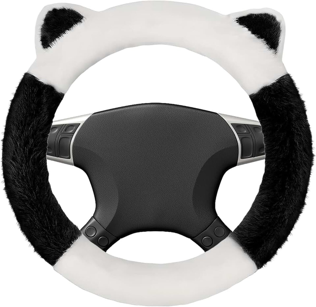 Stuurhoes, pluche, winter, stuurhoes, wollig pluche met oren, stuurhoes, warm en antislip, schattige autoaccessoires voor binnen, universele autostuurhoes (zwart en wit)