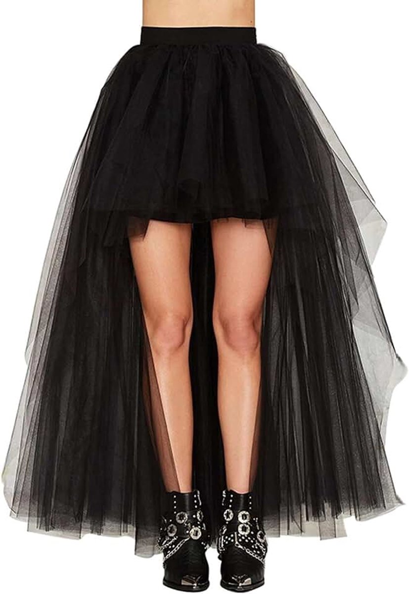 Hi-Lo lange tutu voor dames, tule, bustle rok, elastische taille, festival, party rok, zwart, One size