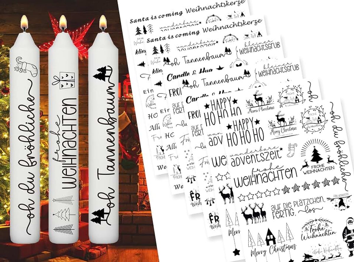 6 PCS Kaarsentattoos Kerstmis (200+ patronen) - DIN A5, Watertransferdruk | DIY waterschuiffolie Kaarsfolie | Kaarsstickers Kerst Stickers | Decoratie, Pasen, Adventskaars (Kerstmis IV)