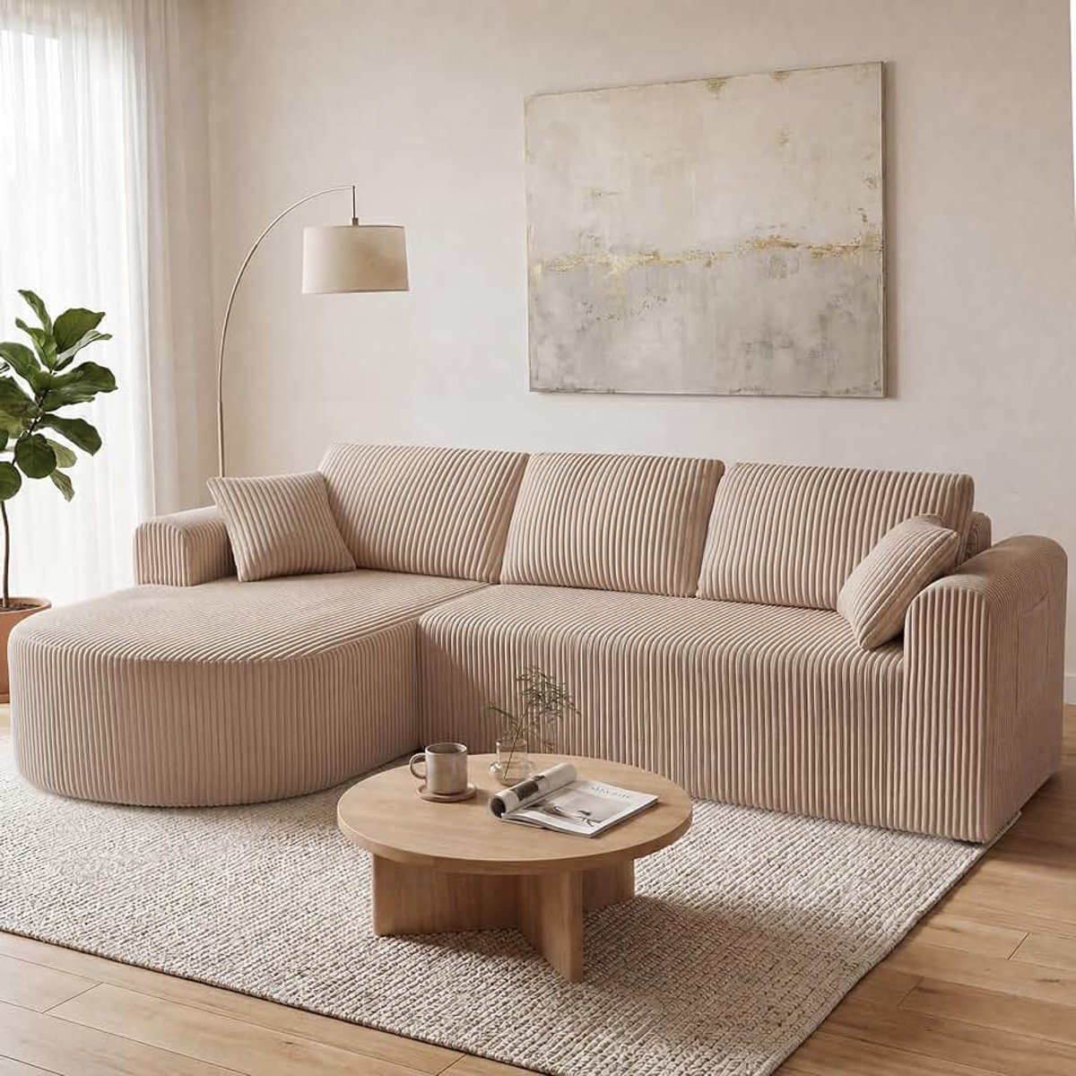 Hoekbank met slaapfunctie, 243 cm, corduroy, modulaire boneless bank met chaise longue, L-vormige slaapbank, sectionele banken met kussen en zijzakken, bank voor woonkamer, geen montage, beige