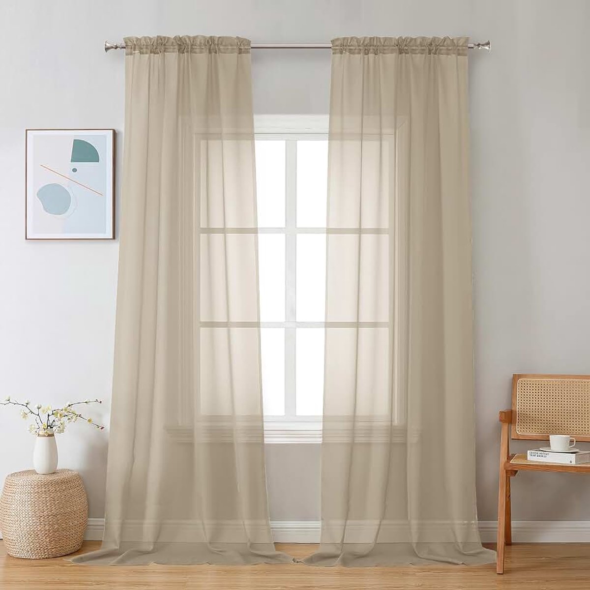 Taupe Sheer Curtains 96 inches Long 2 Panels, Light Filtering Soft Airy Solid Elegant Voile Window Treatment Drapes for Bedroom Living Room Wedding Party Decor, 42 Wx96 L, 8FT L