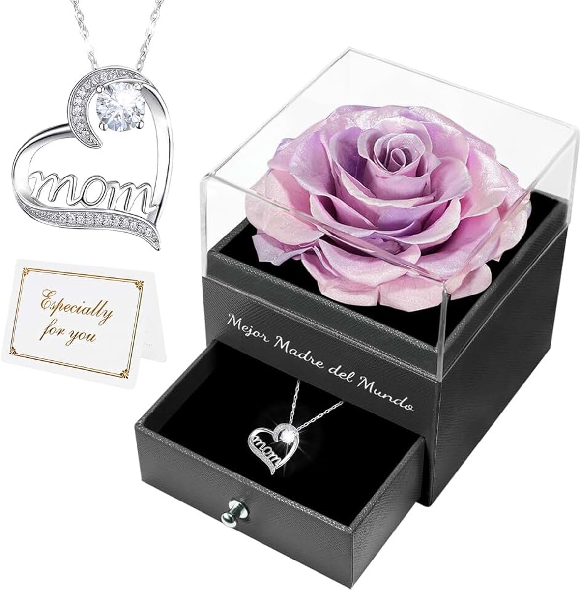Mejor Madre del Mundo, eeuwige roos, handgemaakte eeuwige echte rozen met splitter halsketting, cadeau voor moeder, verjaardag, jubileum, cadeaus voor vrouwen, mama, oma