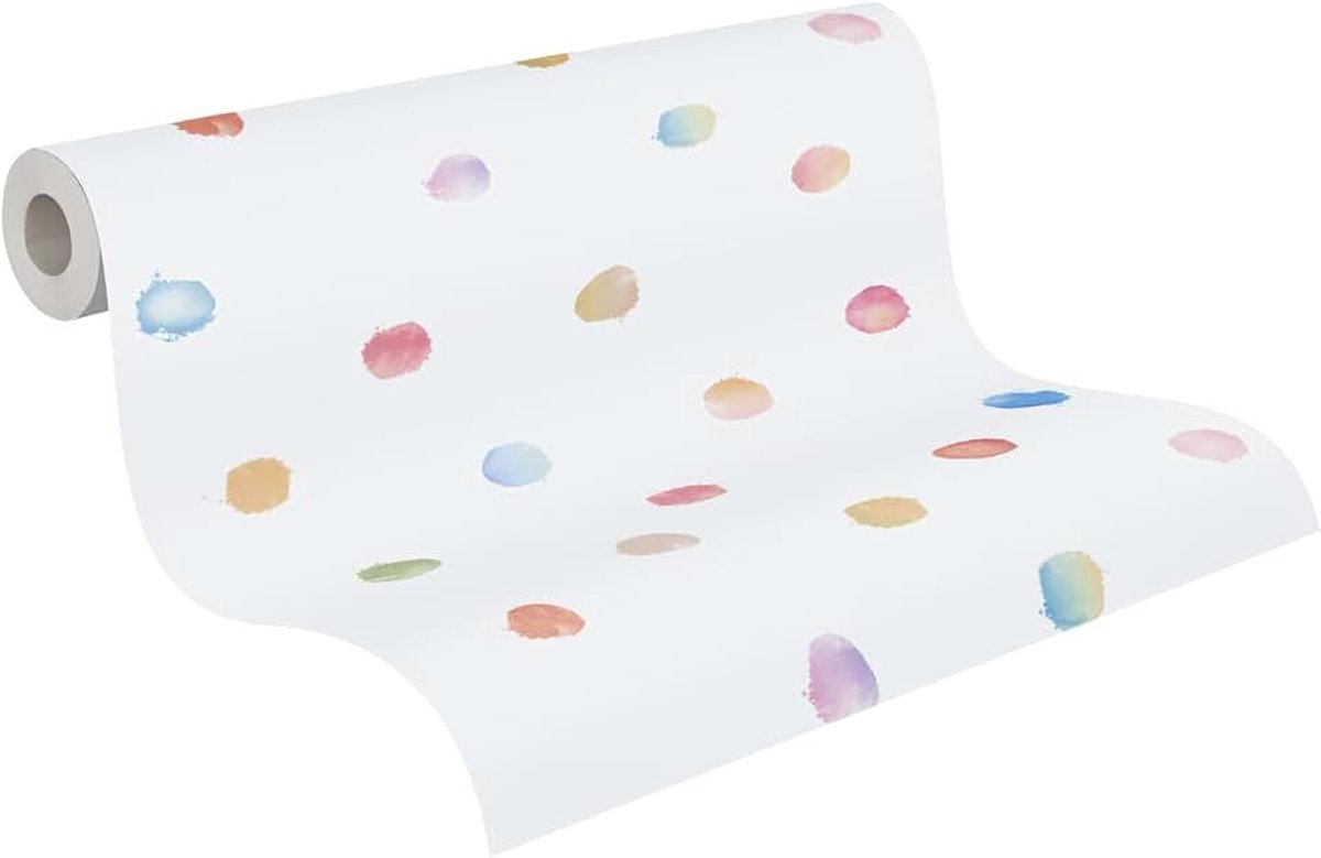 Behang met aquarelstippen in bont, wit, geel, rood – kleurrijk kinderbehang 10,05 m x 0,53 m – 381471