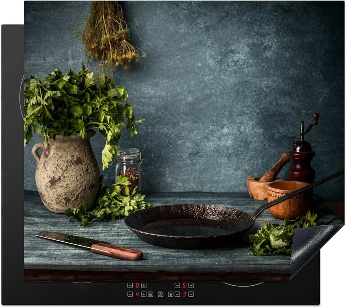 Inductie Beschermer 60x52 cm Keuken Decoratie Kookplaat Beschermer voor Inductiekookplaat Afdekplaat Anti Slip Mat - Kruiden - Specerijen - Pan - Mes - Grijs - Rustiek