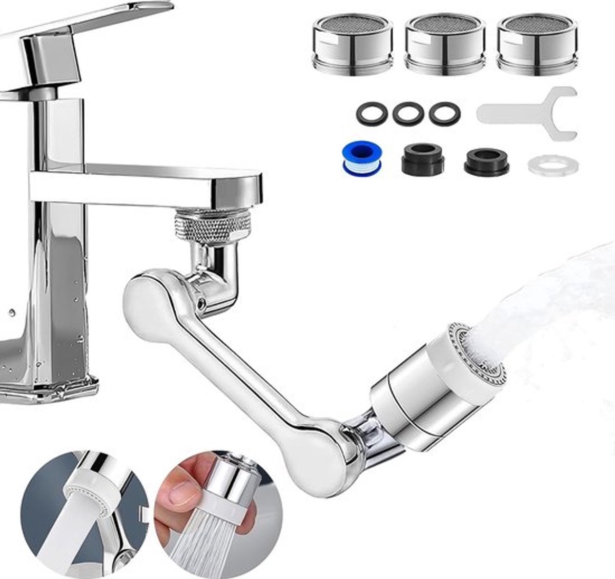 Draaibare kraanopzetstuk, 1080° draaibare multifunctionele verlengkraan, draaibare waterkraan, straalregelaar met 2 sproeimodi, universele perlatoren voor kranen, keuken/badkamer