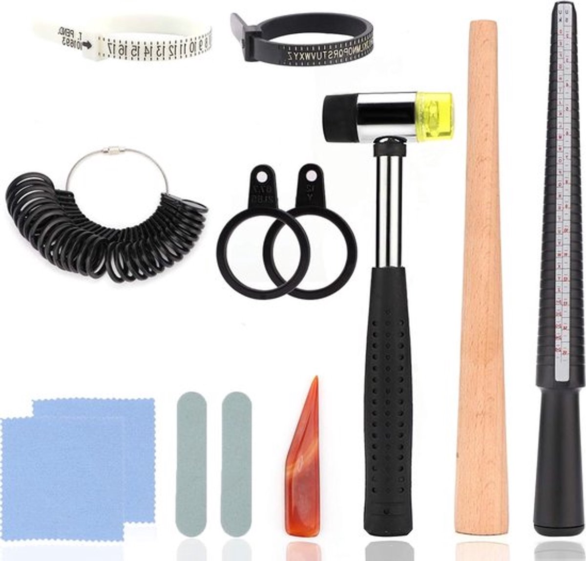 Complete Set van 11 Stuk Ringmaat Gereedschap met Ringmandrel, Rubber Hamer en Schoonmaakdoek voor Sieradenherstel en Polijsten