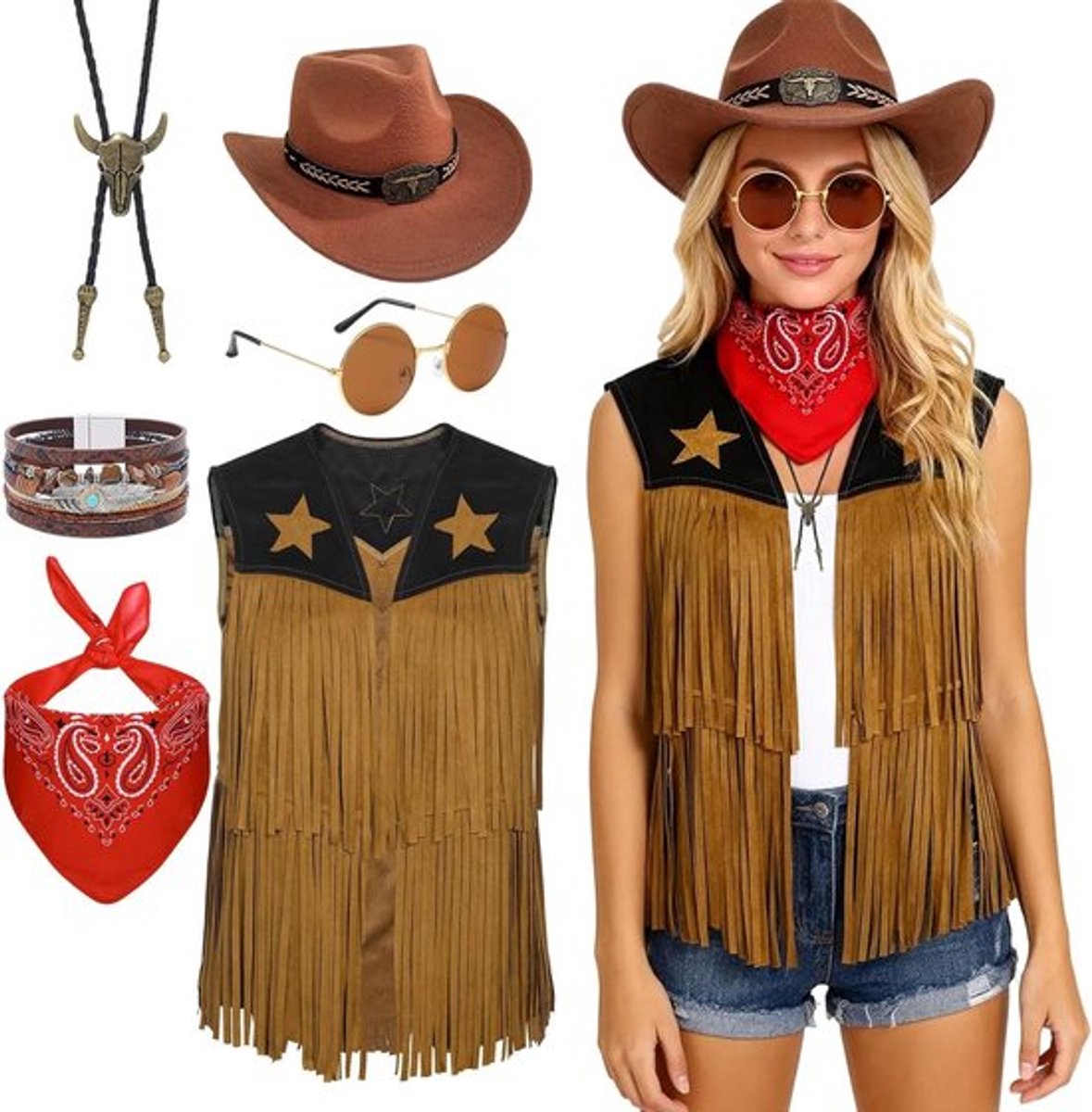 Cowgirl-kostuum voor vrouwen met nekdoek en hoed - Perfect voor carnaval en cosplayfeesten