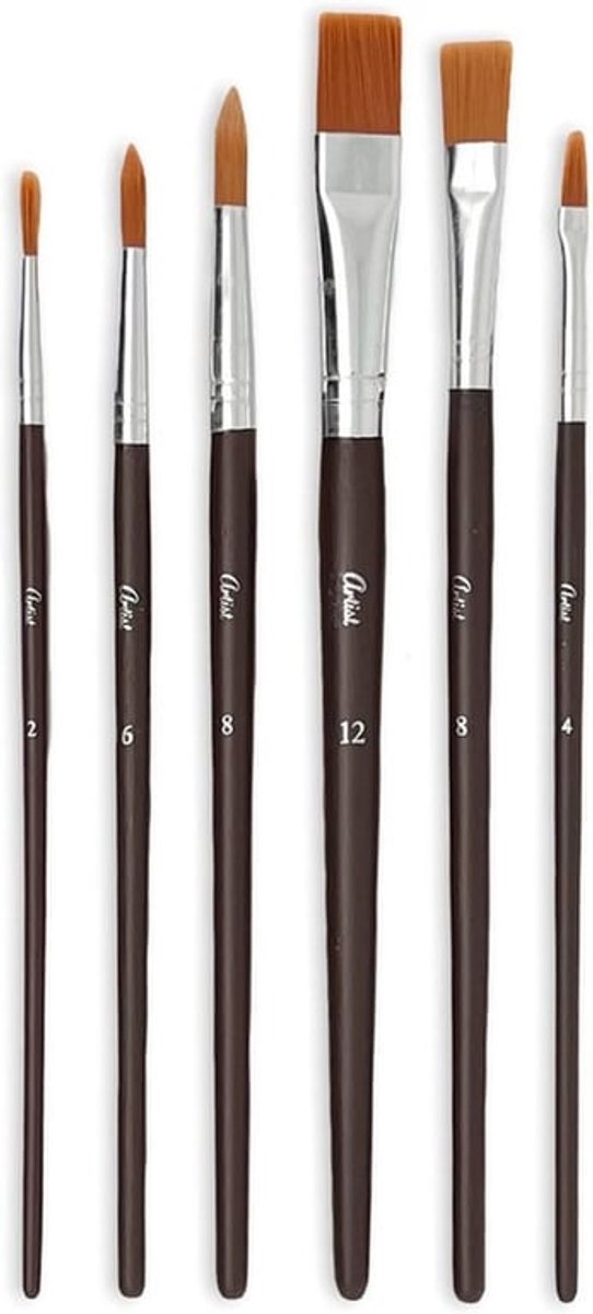 Penseelset 6-Delig voor Acryl, Olieverf en Aquarel | Platte en Ronde Kwasten